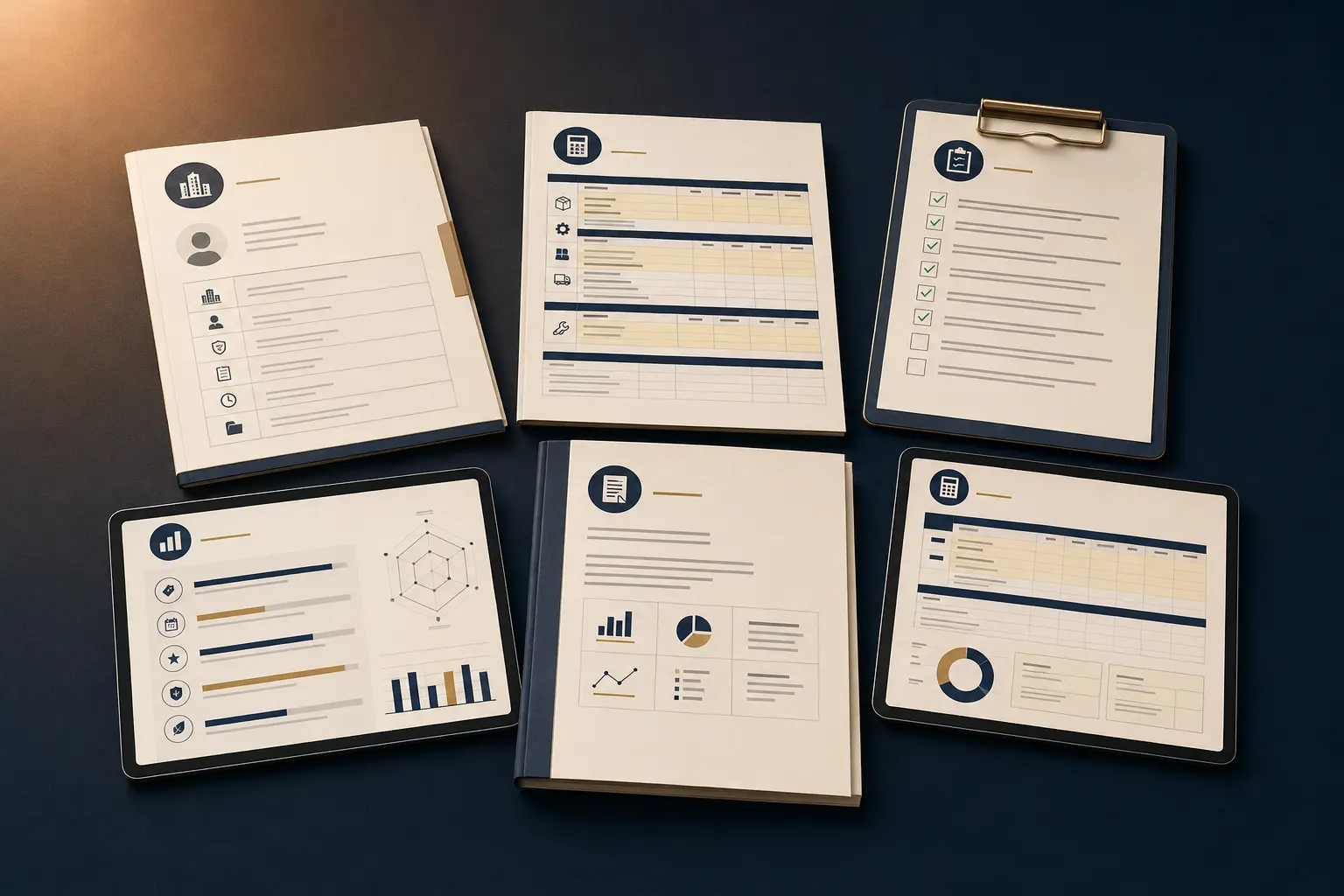 Mockup del kit incluido con fichas, checklist, simulador y calculadoras